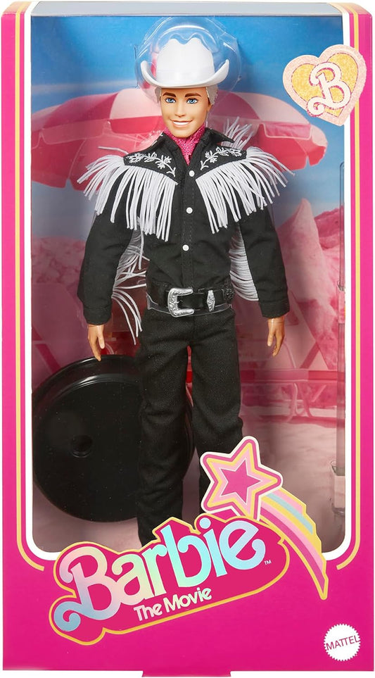 Barbie The Movie Collectible Ken Doll Wearing Black Outfit with White Fringe, Cowboy Hat and Boots with Pink Bandana