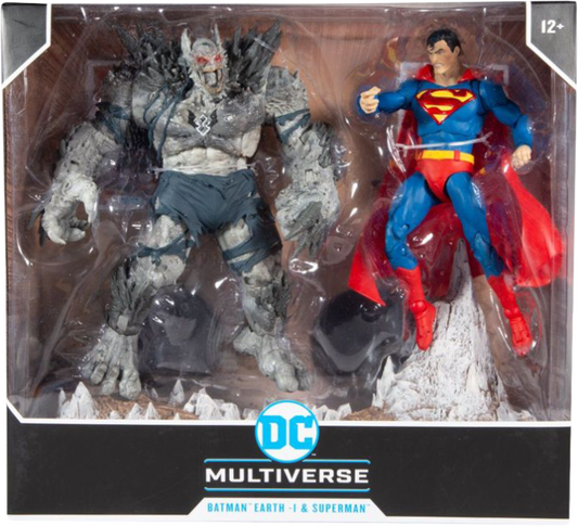 Based on the DC Multiverse and Dark Knights: Death Metal, the Batman Earth-1 The Devastator vs. Superman 7” Scale Action Figure 2-Pack captures the devastating action in incredible detail, with both figures featuring an ultra articulation design for dynamic posing and a detailed diorama display base to create an epic battle scene in your collection.  This action figure two pack also comes with two collectable art cards with character artwork on the front and biographies on the back.