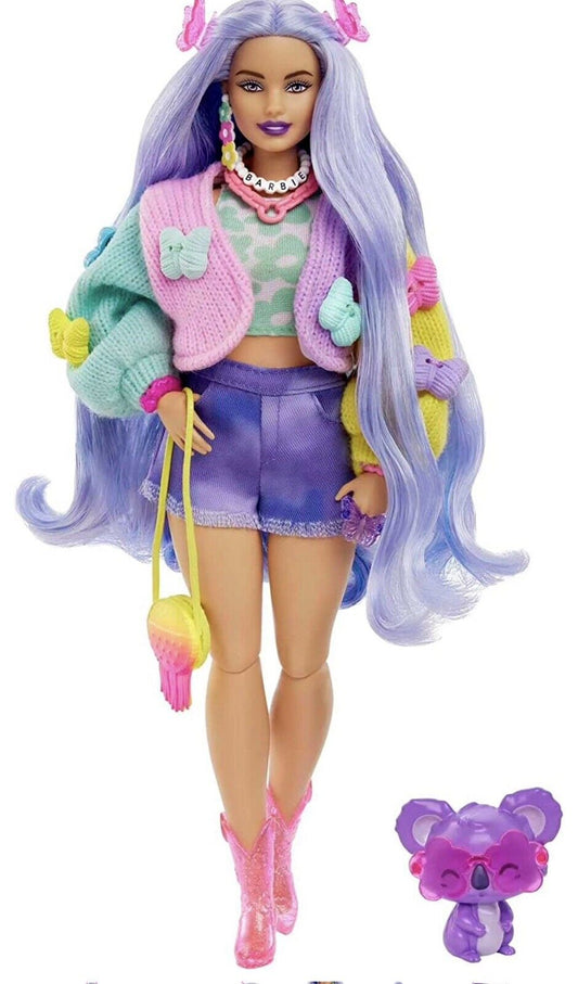 Barbie Extra Doll With Pet Koala, Wavy Purple Hair, Butterfly Sweater Outfit And Accessoriess