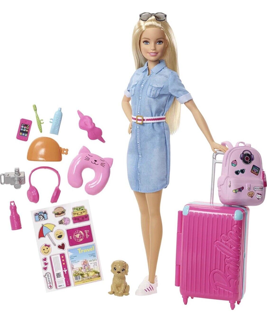 Barbie Travel Doll Blonde, with Puppy, Opening Suitcase, Stickers 