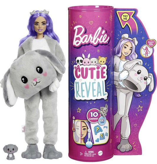 Barbie Doll, Cutie Reveal Plush Costume Doll with 10 Surprises, Mini Pet