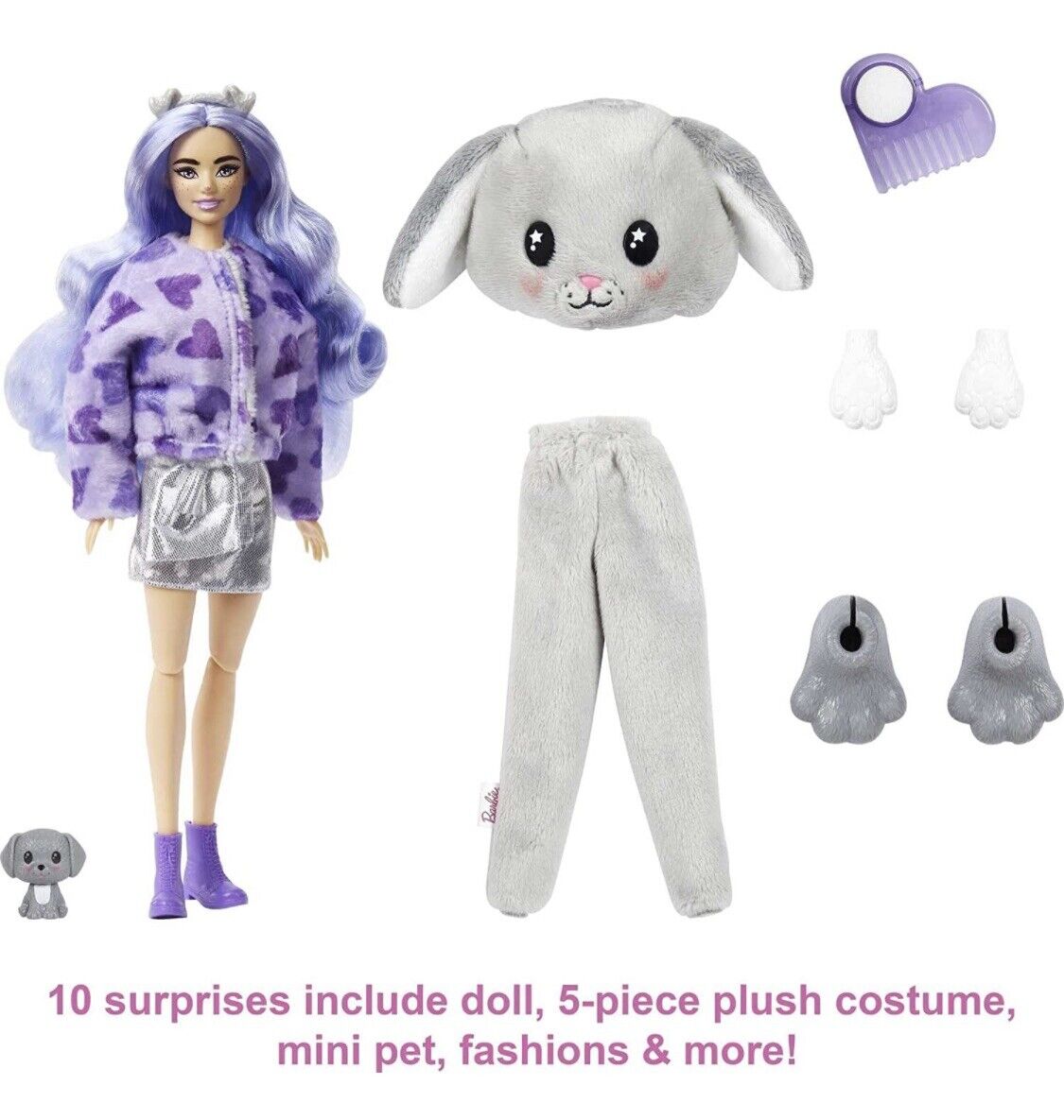 Barbie Doll, Cutie Reveal Plush Costume Doll with 10 Surprises, Mini Pet