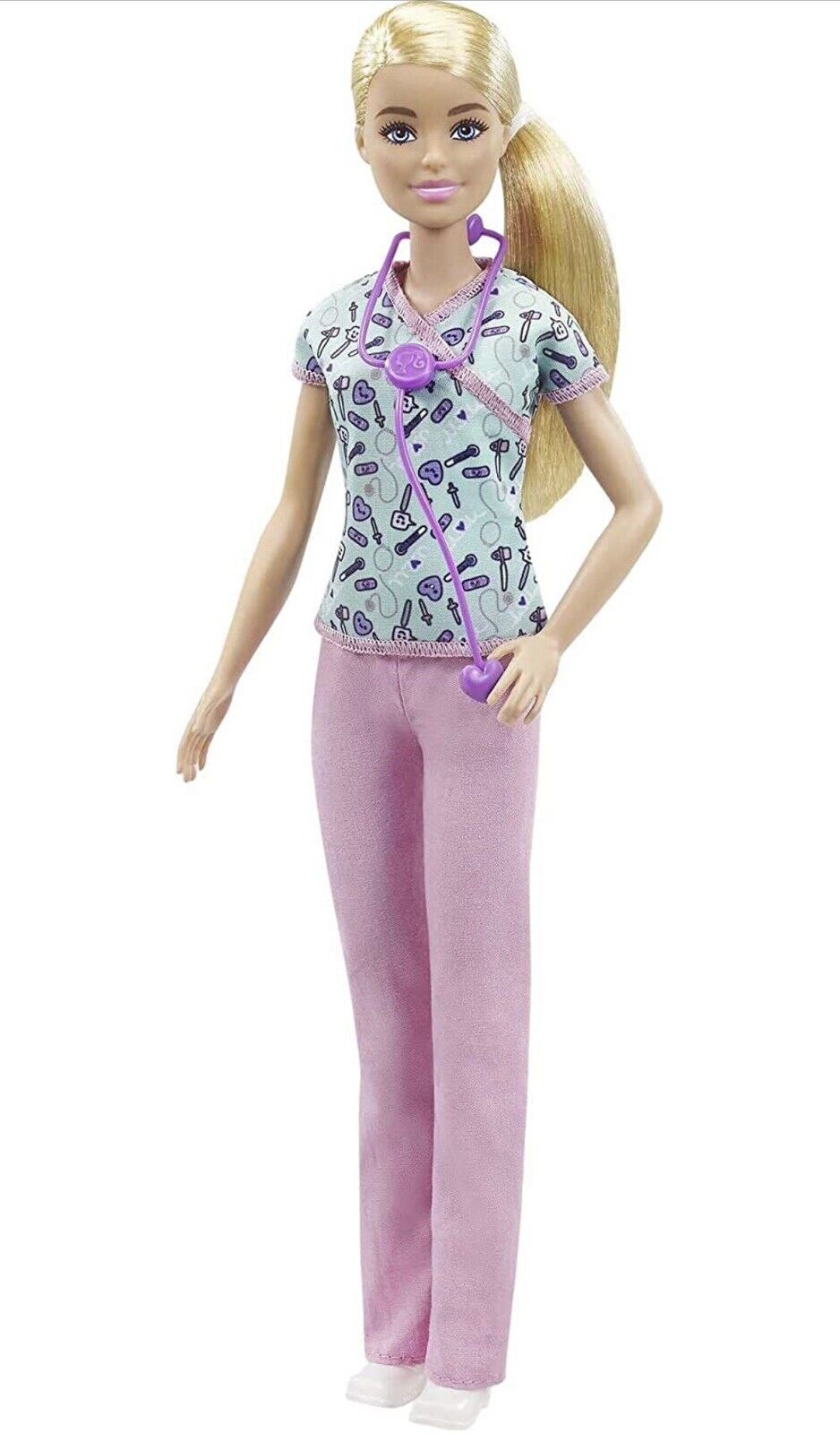 Barbie Nurse Blonde Doll with Scrubs Featuring a Medical Tool Print Top