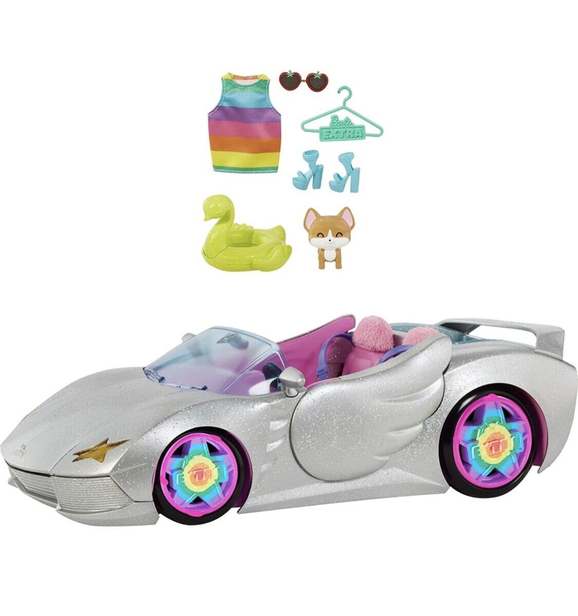 Barbie Car Barbie Extra Set Sparkly Silver 2-Seater Toy Convertible with Puppy