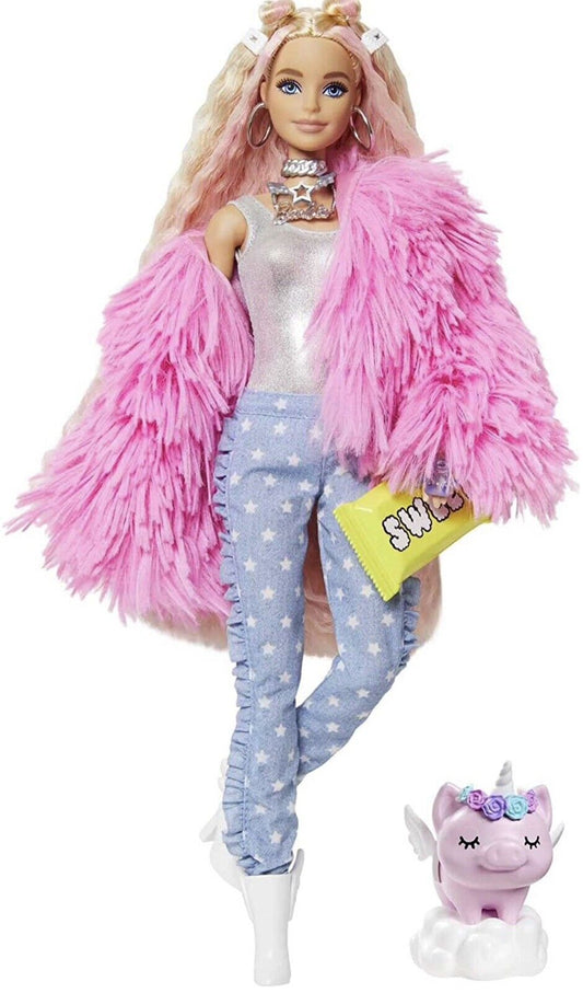 Barbie Extra Doll 3 Pink Fluffy Coat with Pet Unicorn-Pig Extra-Long Crimp Hair