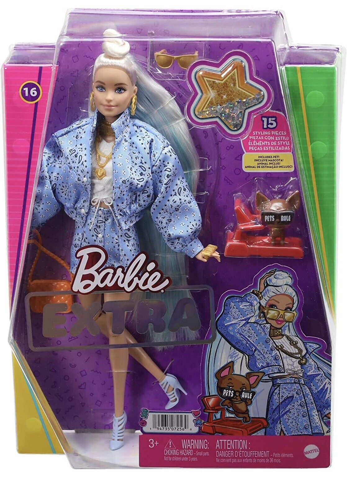 Barbie Extra Doll with Blue Oversized Paisley Pattern Jacket Pet & Accessories