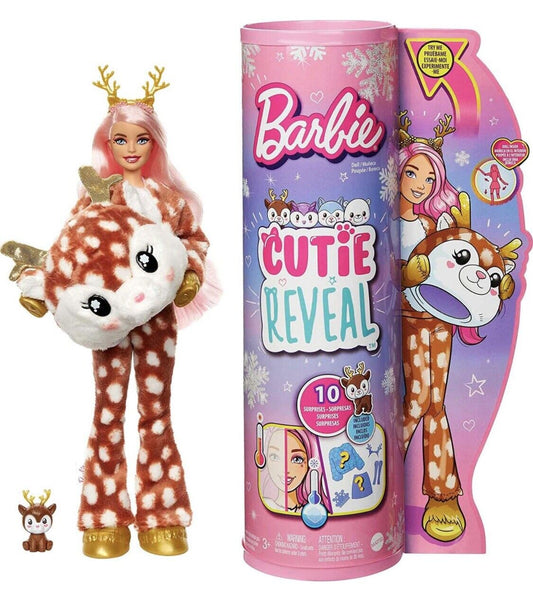 Barbie Doll, Cutie Reveal Deer Plush Doll With 10 Surprises, Mini Pet, Color Change And Accessories, Snowflake Sparkle